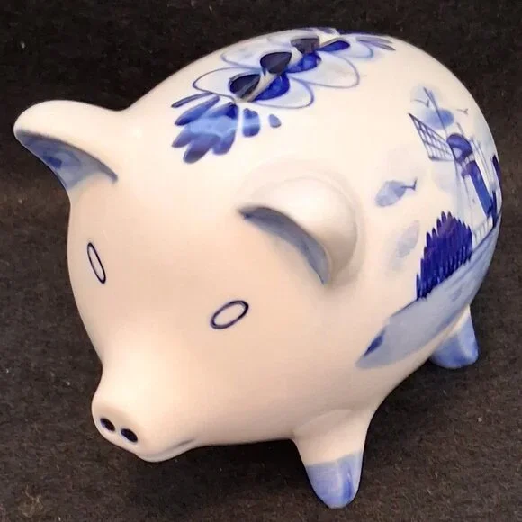 Vintage Hand Painted Delfts Blue Pottery Piggy Bank/Dutch Windmill Design/w+Cork - Picture 3 of 9